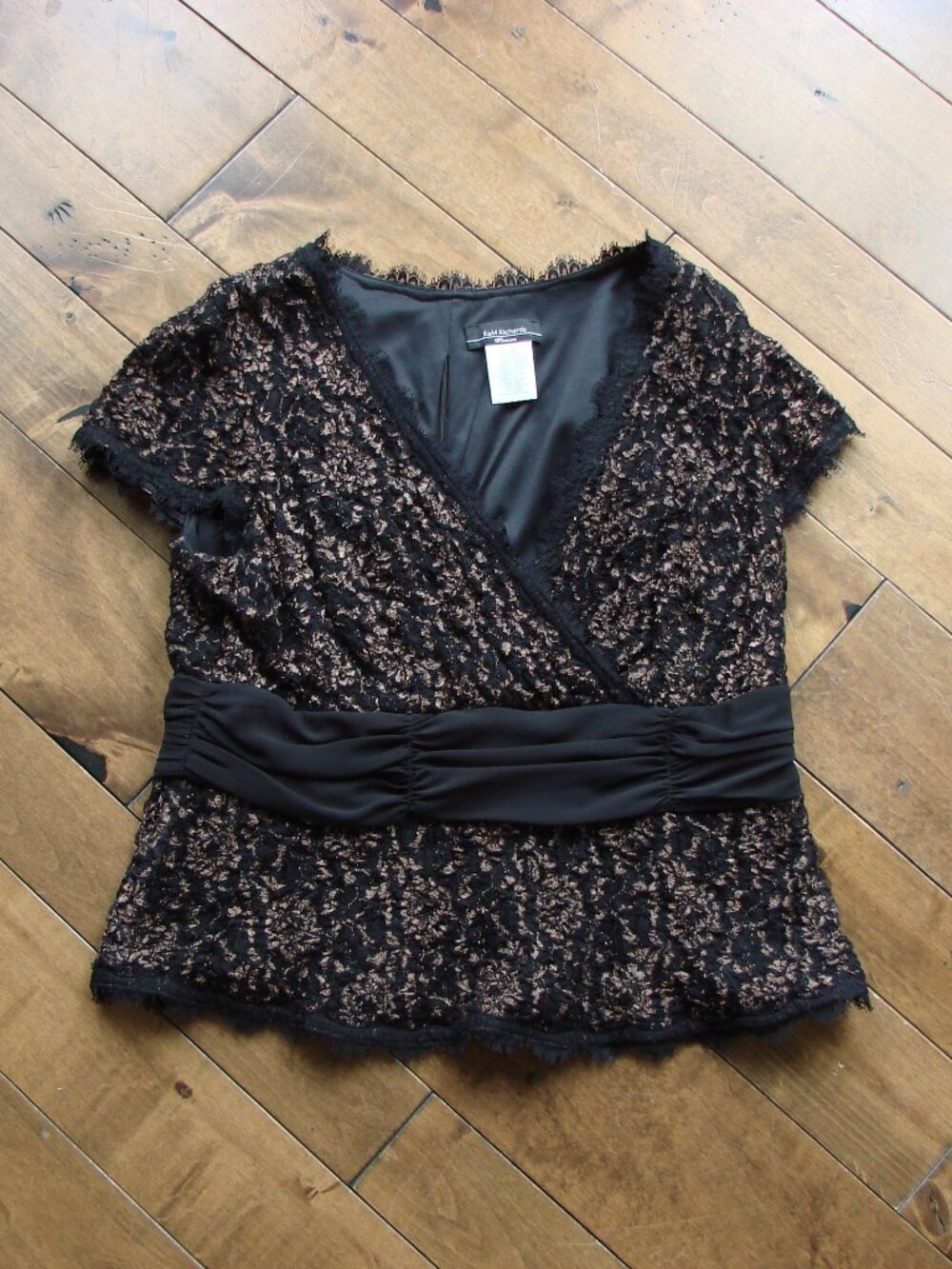 Black Gold Lace Blouse Top Ruched Waist Lace Fringe Trim Dressy Medium Large